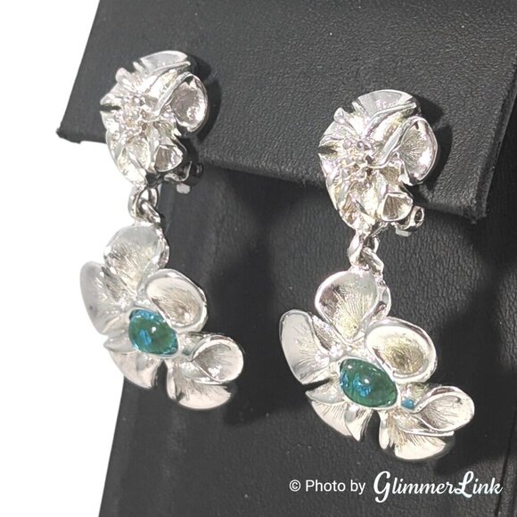Vintage Silver Tone Green Cabochon Floral Dangle Clip On Earrings Statement - Picture 3 of 7